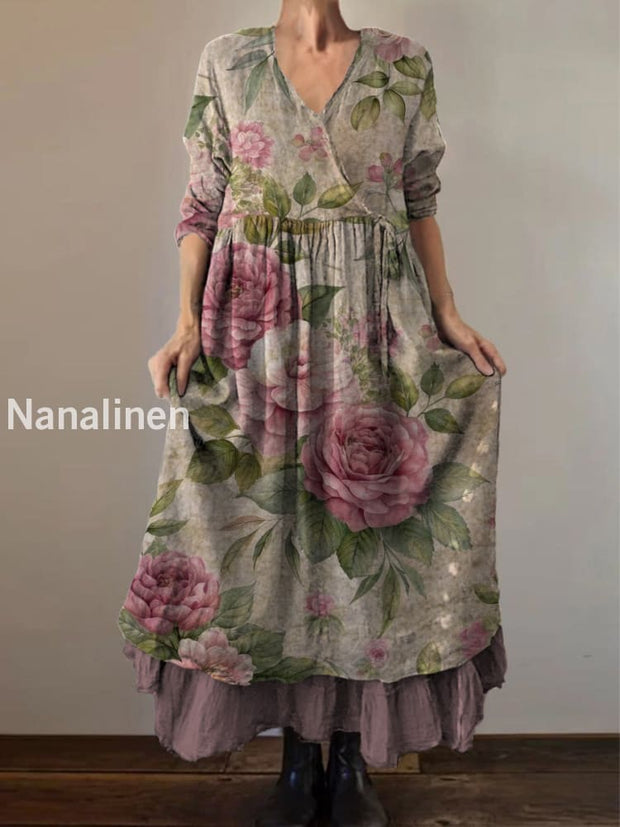 Retro Boho Floral Print Vintage V-Neck Double Hemline Cotton Long Sleeve Midi Dress A / S