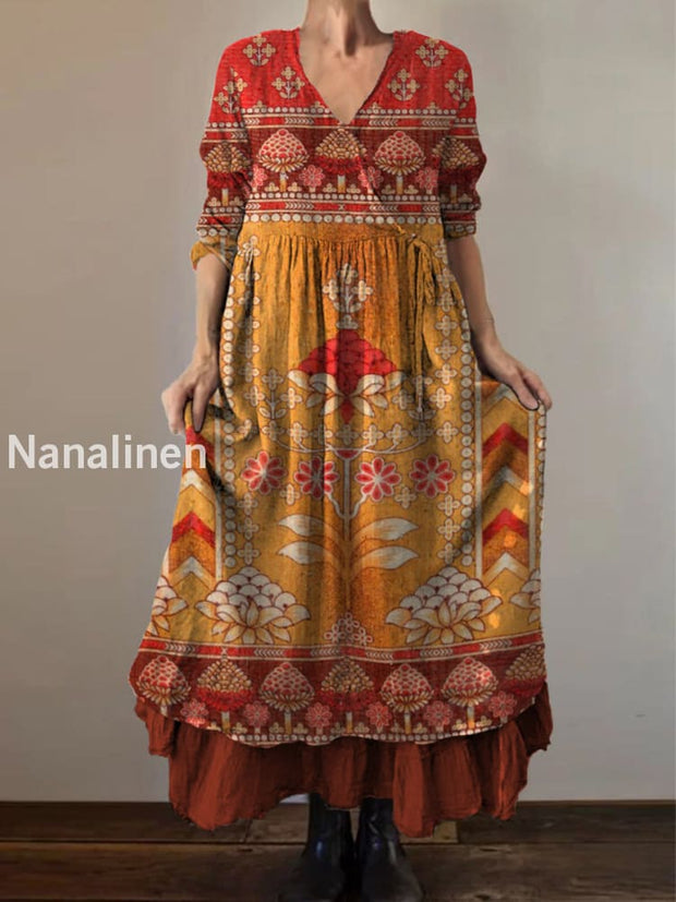 Retro Boho Floral Print Vintage V-Neck Double Hemline Cotton Long Sleeve Midi Dress A / S
