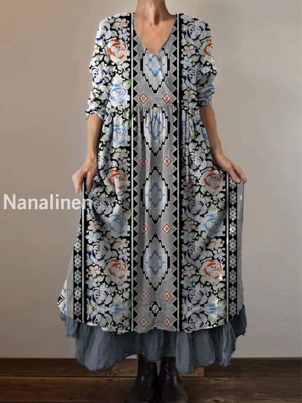 Retro Boho Floral Print Vintage V-Neck Double Hemline Cotton Long Sleeve Midi Dress A / S