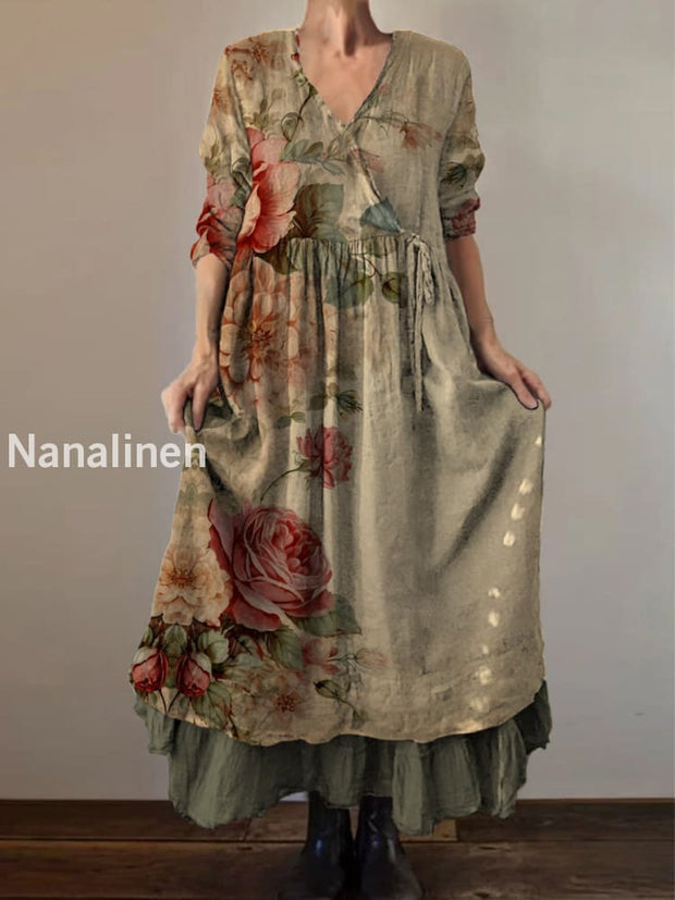 Retro Boho Floral Print Vintage V-Neck Double Hemline Cotton Long Sleeve Midi Dress A / S