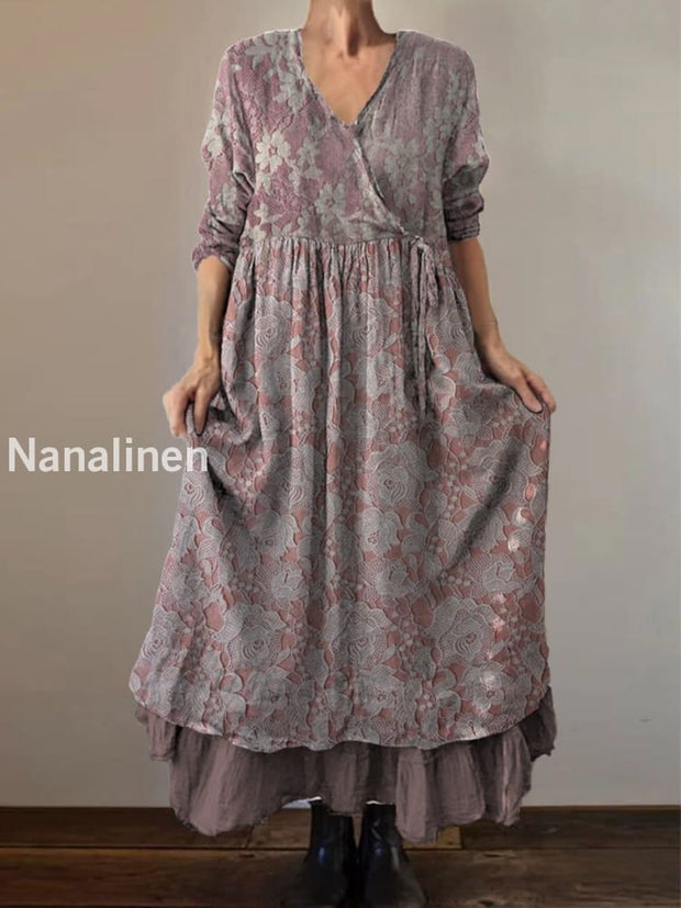 Retro Boho Floral Print Vintage V-Neck Double Hemline Cotton Long Sleeve Midi Dress A / S