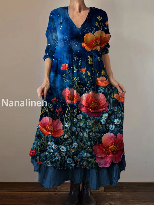 Retro Boho Floral Print Vintage V-Neck Double Hemline Cotton Long Sleeve Midi Dress A / S