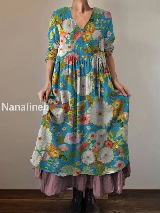 Retro Boho Floral Print Vintage V-Neck Double Hemline Cotton Long Sleeve Midi Dress A / S