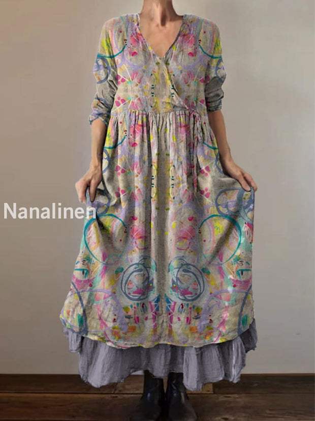 Retro Boho Floral Print Vintage V-Neck Double Hemline Cotton Long Sleeve Midi Dress A / S