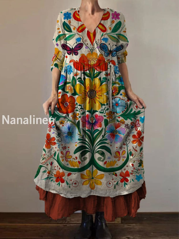 Retro Boho Floral Print Vintage V-Neck Double Hemline Cotton Long Sleeve Midi Dress A / S