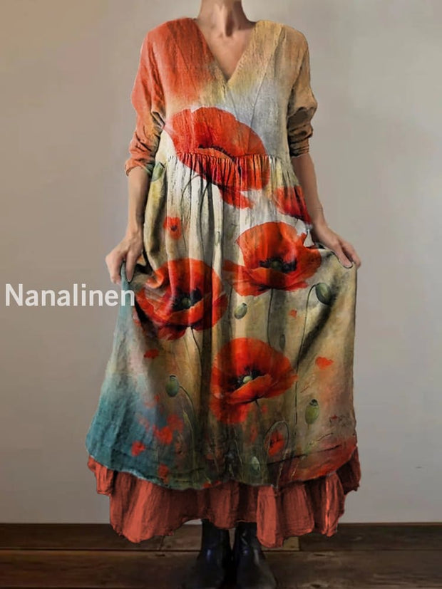 Retro Boho Floral Print Vintage V-Neck Double Hemline Cotton Long Sleeve Midi Dress A / S