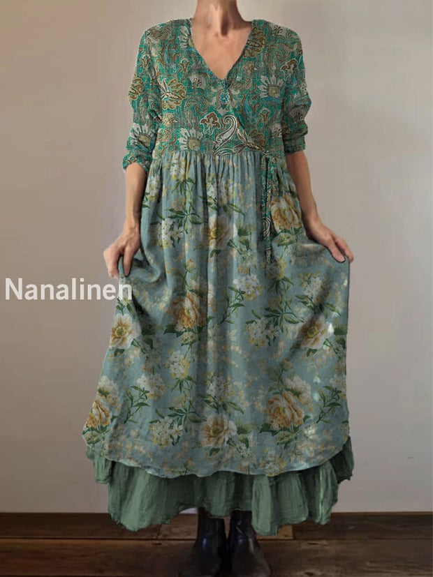 Retro Boho Floral Print Vintage V-Neck Double Hemline Cotton Long Sleeve Midi Dress A / S