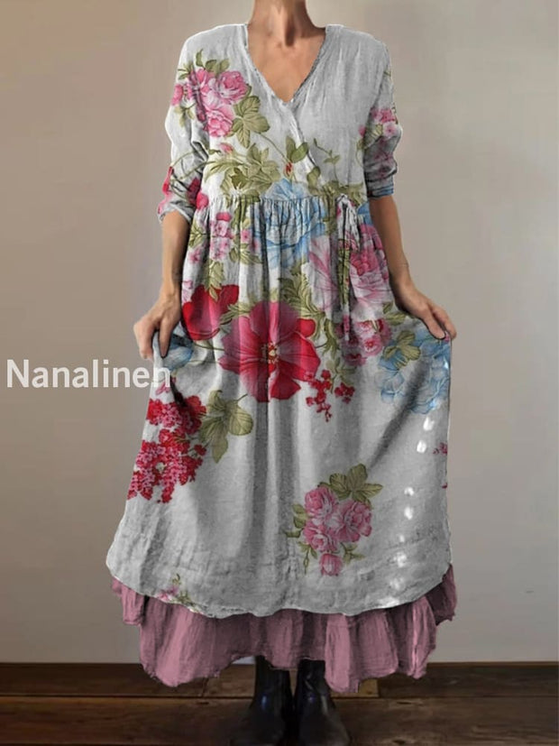 Retro Boho Floral Print Vintage V-Neck Double Hemline Cotton Long Sleeve Midi Dress A / S