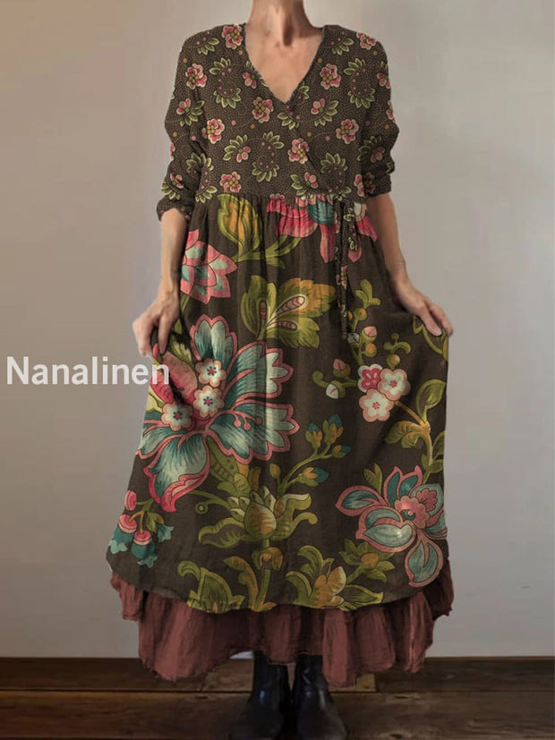 Retro Boho Floral Print Vintage V-Neck Double Hemline Cotton Long Sleeve Midi Dress A / S
