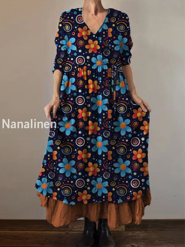 Retro Boho Floral Print Vintage V-Neck Double Hemline Cotton Long Sleeve Midi Dress A / S