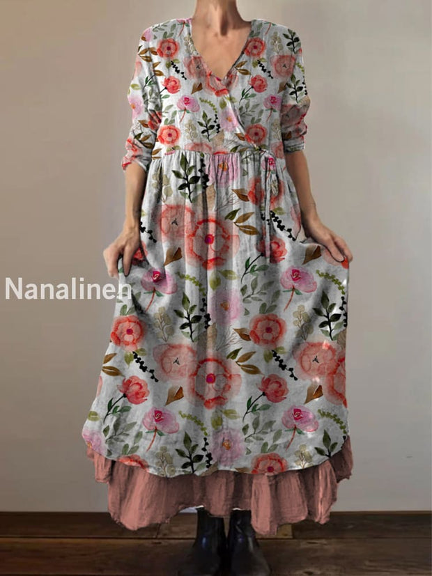 Retro Boho Floral Print Vintage V-Neck Double Hemline Cotton Long Sleeve Midi Dress A / S