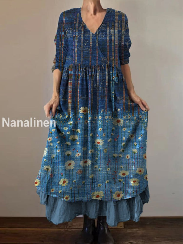 Retro Boho Floral Print Vintage V-Neck Double Hemline Cotton Long Sleeve Midi Dress A / S