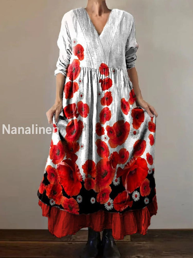 Retro Boho Floral Print Vintage V-Neck Double Hemline Cotton Long Sleeve Midi Dress A / S