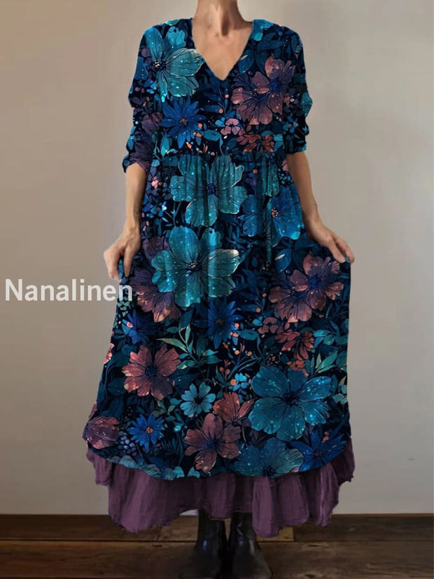 Retro Boho Floral Print Vintage V-Neck Double Hemline Cotton Long Sleeve Midi Dress A / S