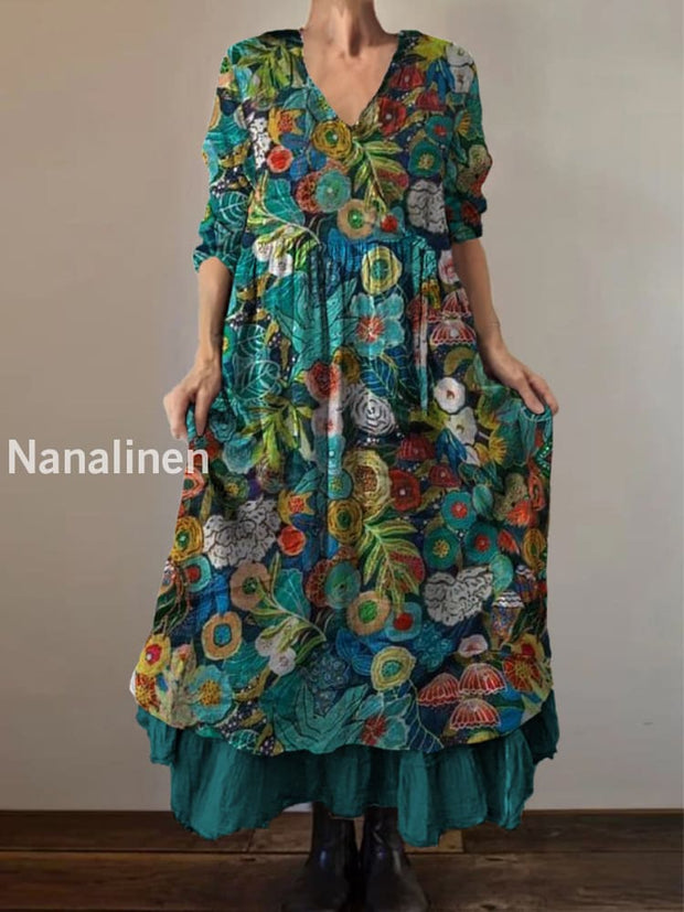 Retro Boho Floral Print Vintage V-Neck Double Hemline Cotton Long Sleeve Midi Dress A / S