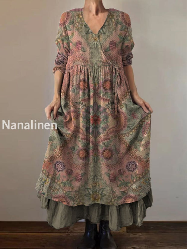 Retro Boho Floral Print Vintage V-Neck Double Hemline Cotton Long Sleeve Midi Dress A / S