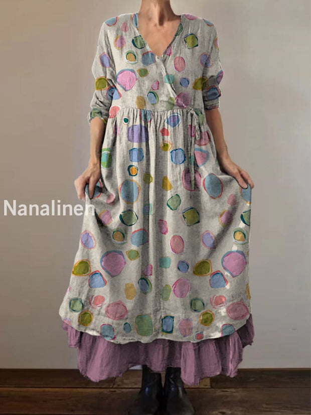 Retro Boho Floral Print Vintage V-Neck Double Hemline Cotton Long Sleeve Midi Dress A / S