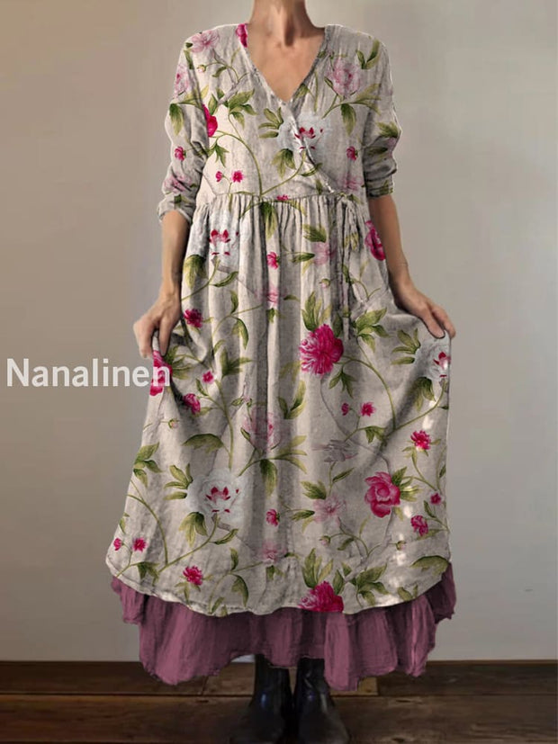 Retro Boho Floral Print Vintage V-Neck Double Hemline Cotton Long Sleeve Midi Dress A / S