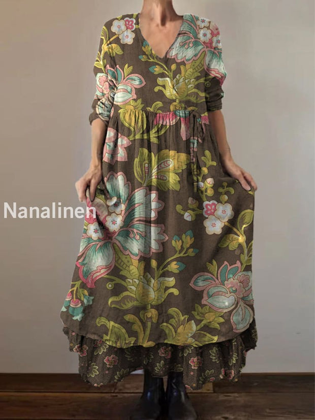 Retro Boho Floral Print Vintage V-Neck Double Hemline Cotton Long Sleeve Midi Dress A / S