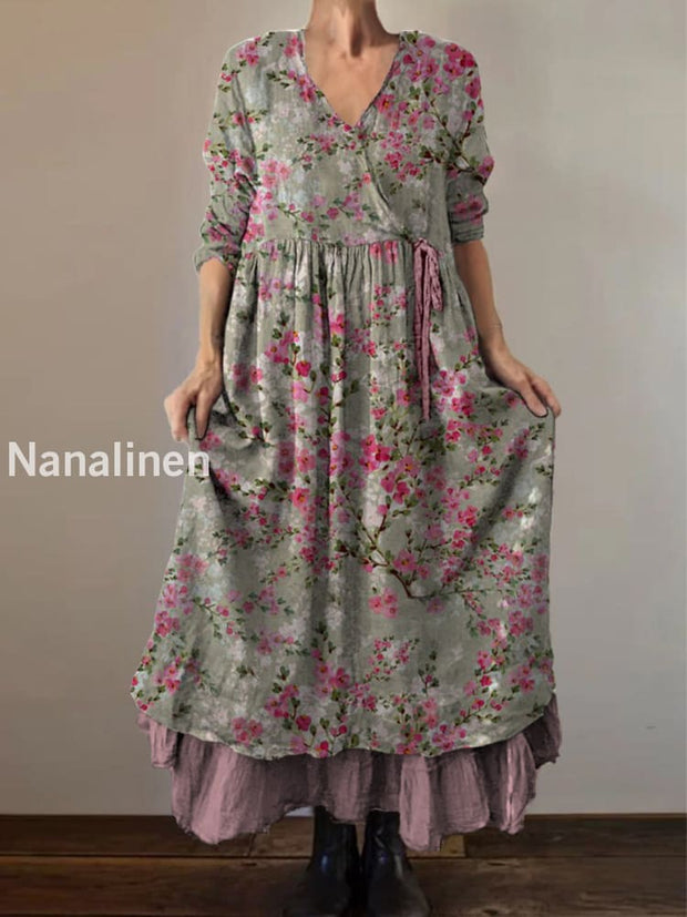 Retro Boho Floral Print Vintage V-Neck Double Hemline Cotton Long Sleeve Midi Dress A / S