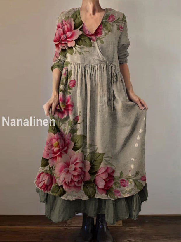Retro Boho Floral Print Vintage V-Neck Double Hemline Cotton Long Sleeve Midi Dress A / S