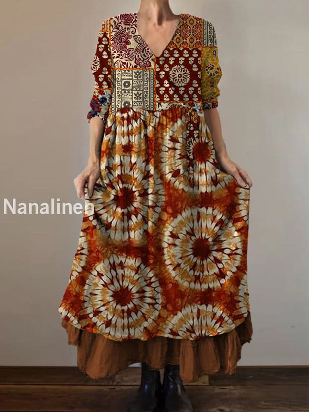 Retro Boho Floral Print Vintage V-Neck Double Hemline Cotton Long Sleeve Midi Dress A / S