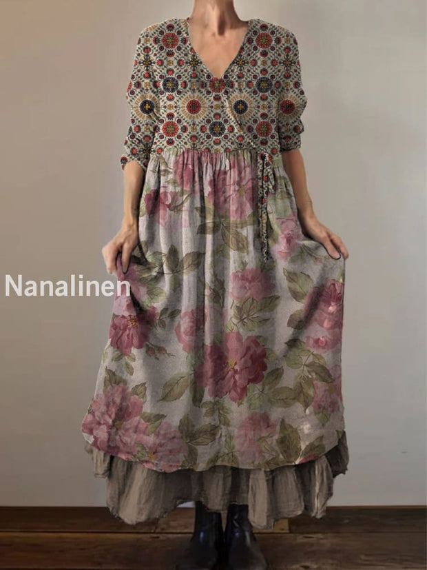 Retro Boho Floral Print Vintage V-Neck Double Hemline Cotton Long Sleeve Midi Dress A / S