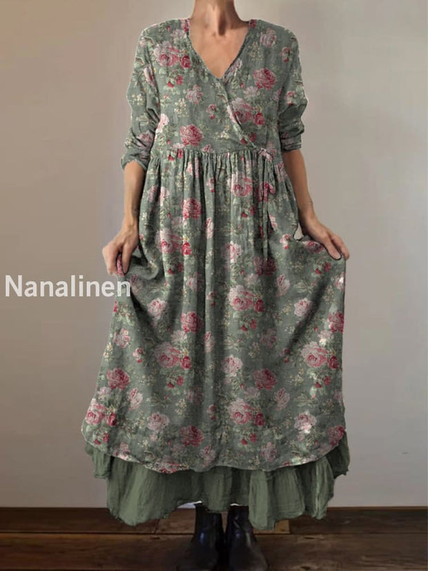 Retro Boho Floral Print Vintage V-Neck Double Hemline Cotton Long Sleeve Midi Dress A / S