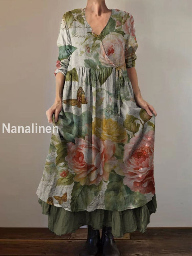 Retro Boho Floral Print Vintage V-Neck Double Hemline Cotton Long Sleeve Midi Dress A / S