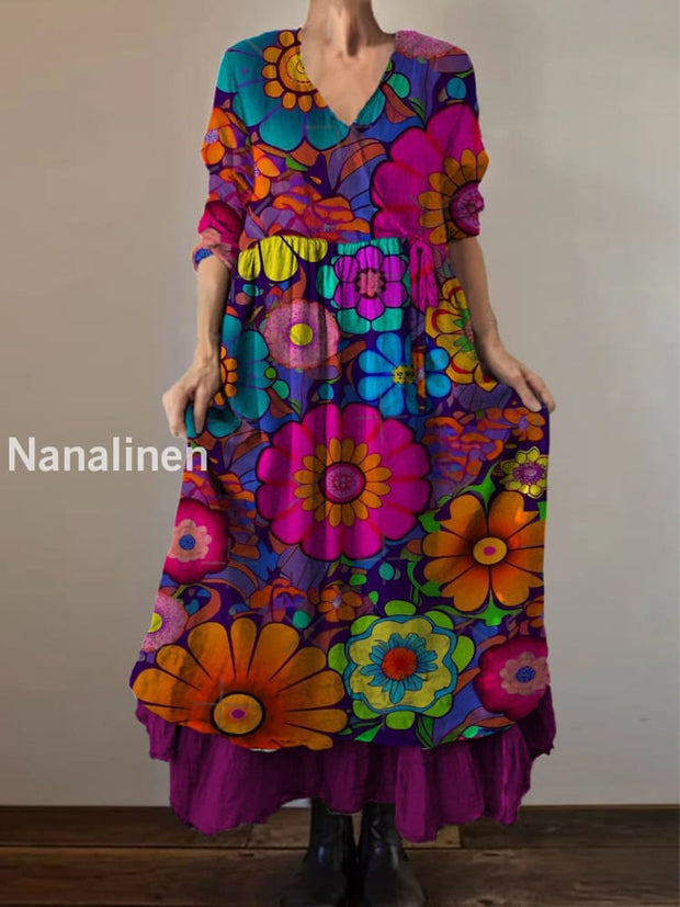 Retro Boho Floral Print Vintage V-Neck Double Hemline Cotton Long Sleeve Midi Dress A / S