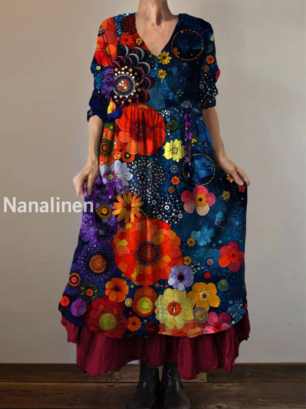 Retro Boho Floral Print Vintage V-Neck Double Hemline Cotton Long Sleeve Midi Dress A / S