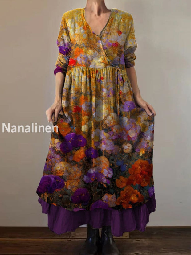 Retro Boho Floral Print Vintage V-Neck Double Hemline Cotton Long Sleeve Midi Dress A / S