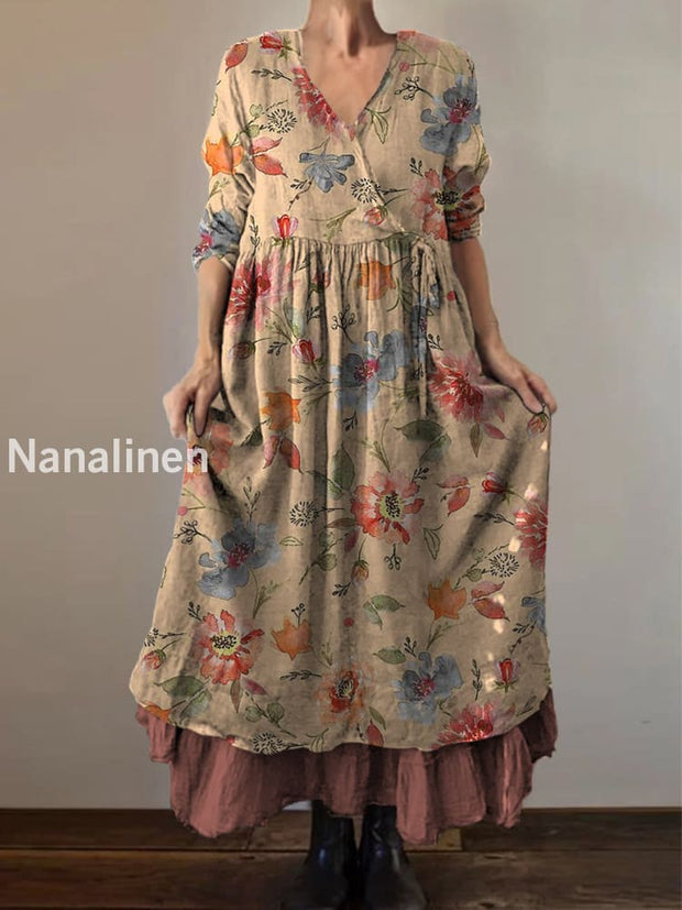 Retro Boho Floral Print Vintage V-Neck Double Hemline Cotton Long Sleeve Midi Dress A / S