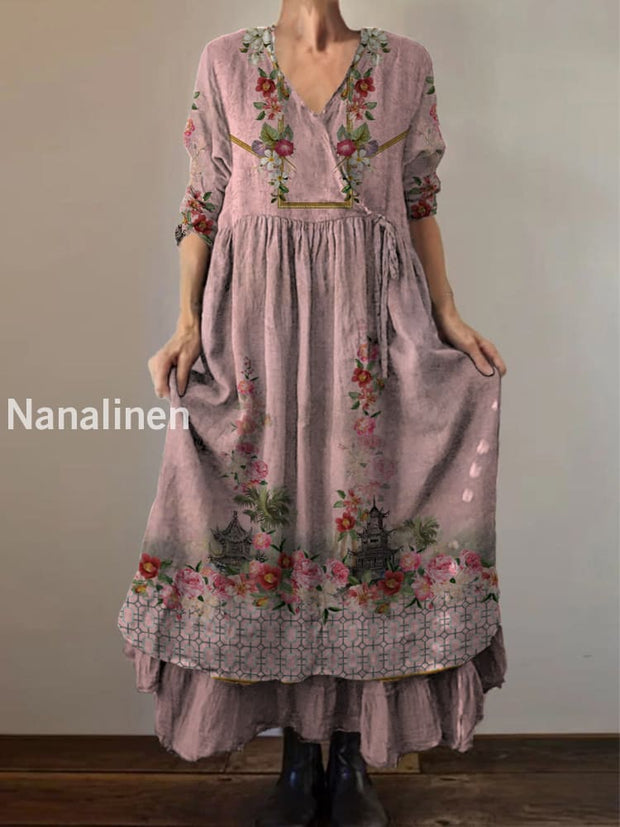 Retro Boho Floral Print Vintage V-Neck Double Hemline Cotton Long Sleeve Midi Dress A / S