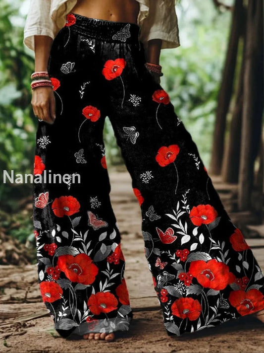 Retro Boho Floral Printed Casual Loose Cotton Straight Wide Pants A / S