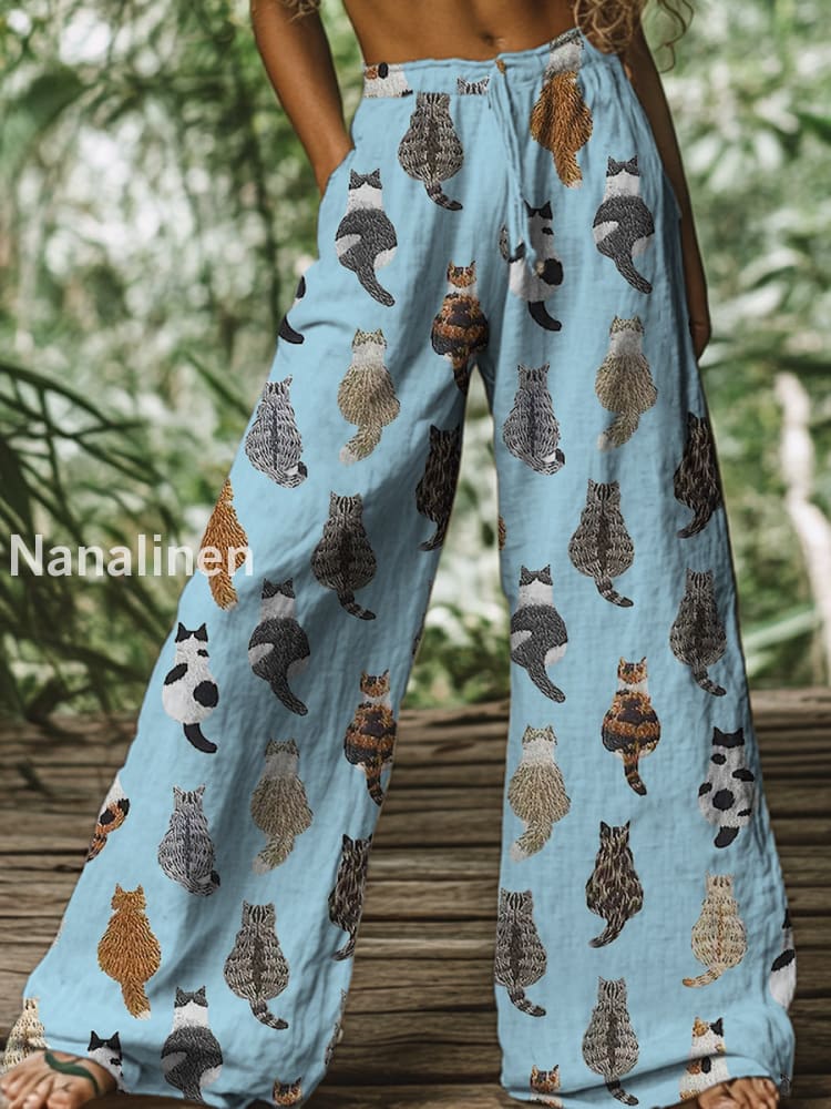 Retro Boho Floral Printed Casual Loose Cotton Straight Wide Pants A / S