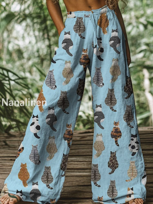 Retro Boho Floral Printed Casual Loose Cotton Straight Wide Pants A / S