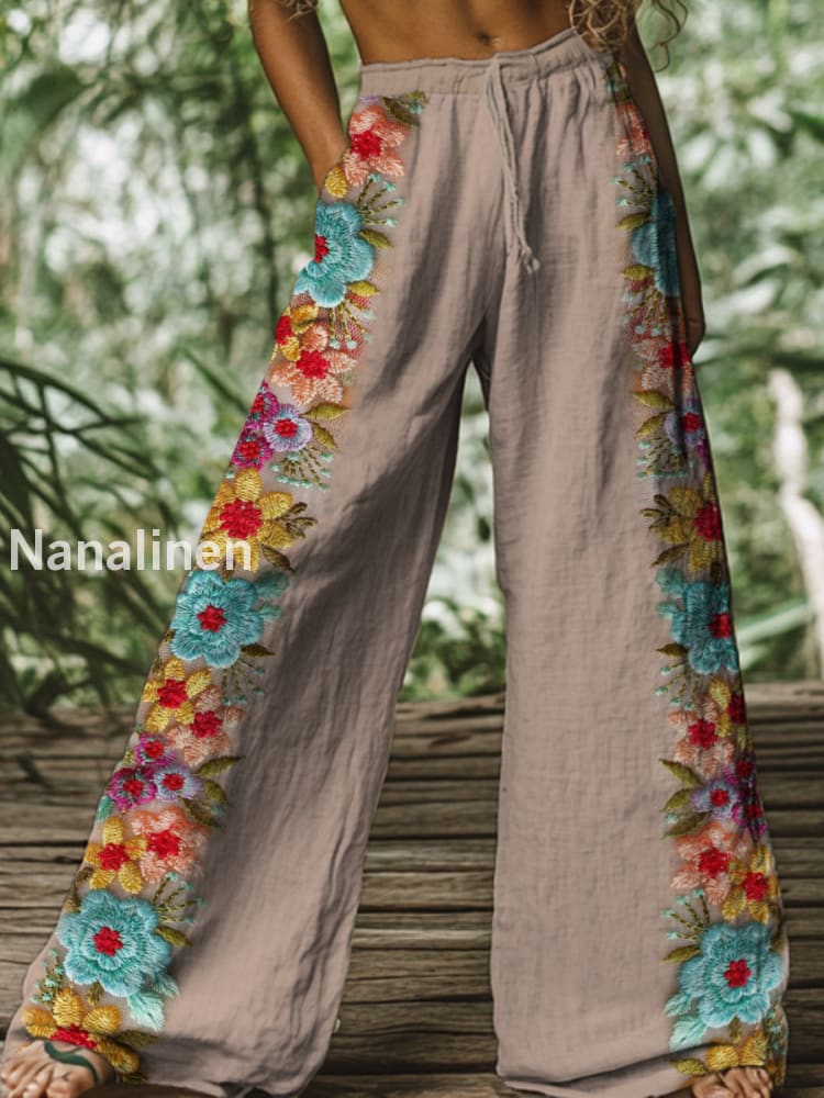 Retro Boho Floral Printed Casual Loose Cotton Straight Wide Pants A / S