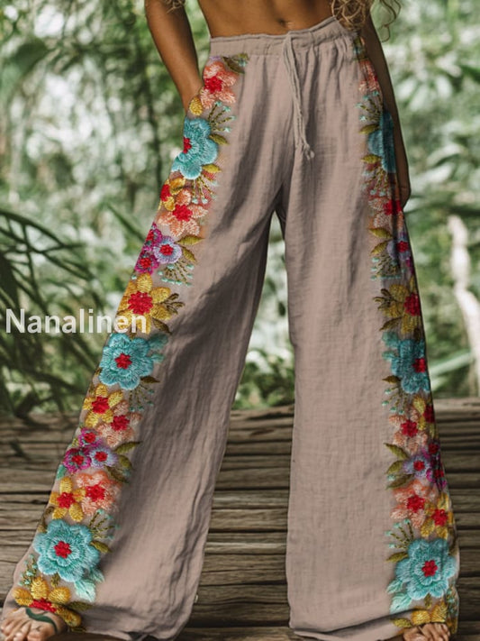 Retro Boho Floral Printed Casual Loose Cotton Straight Wide Pants A / S