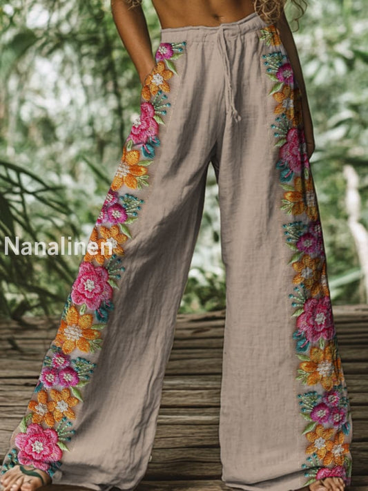 Retro Boho Floral Printed Casual Loose Cotton Straight Wide Pants A / S