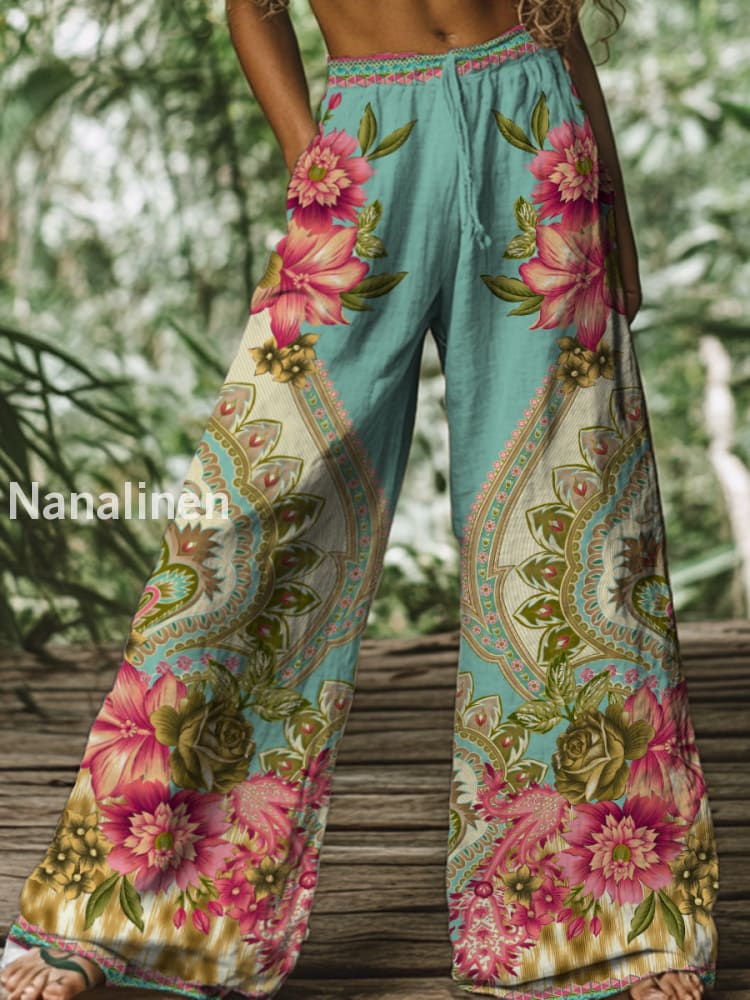 Retro Boho Floral Printed Casual Loose Cotton Straight Wide Pants A / S