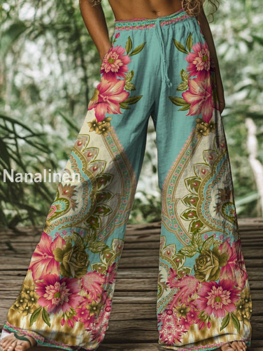 Retro Boho Floral Printed Casual Loose Cotton Straight Wide Pants A / S