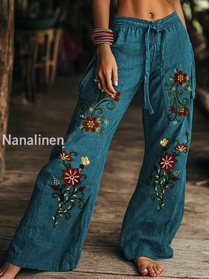 Retro Boho Floral Printed Casual Loose Cotton Straight Wide Pants A / S