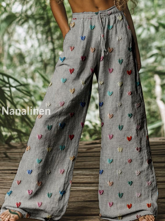 Retro Boho Floral Printed Casual Loose Cotton Straight Wide Pants A / S