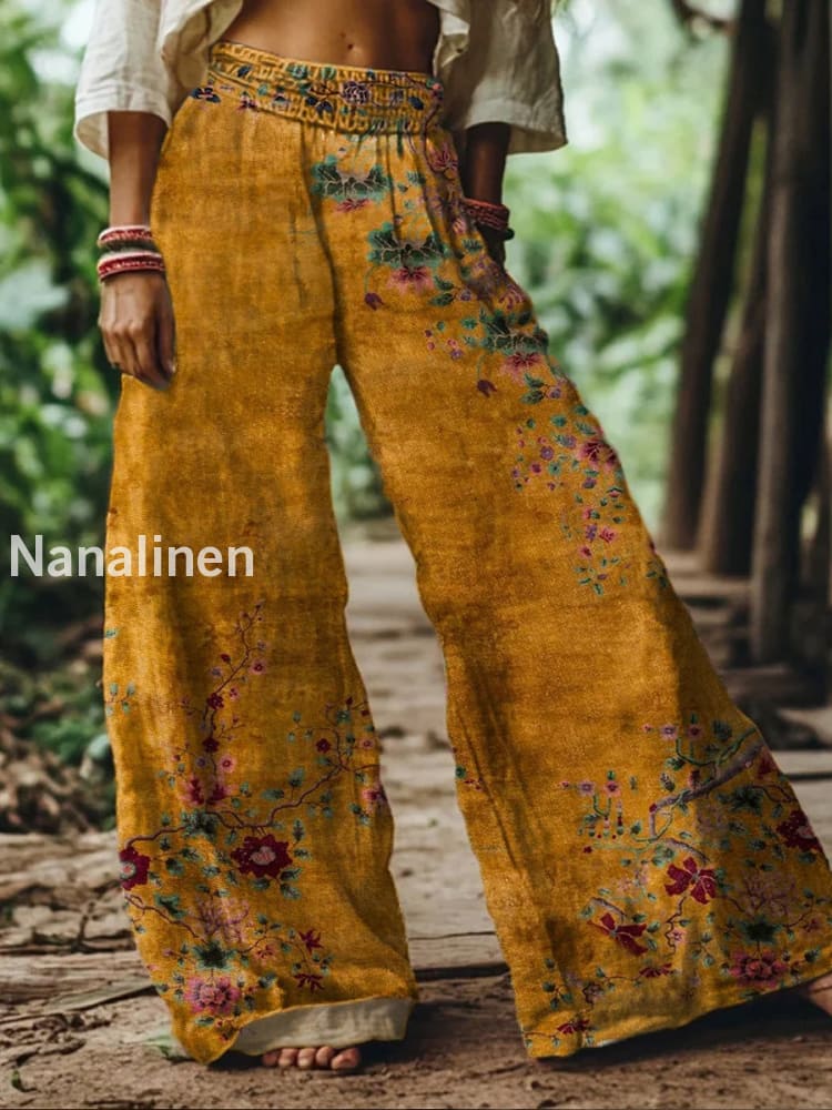 Retro Boho Floral Printed Casual Loose Cotton Straight Wide Pants A / S