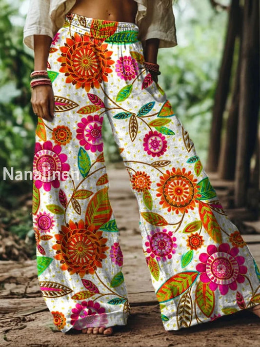 Retro Boho Floral Printed Casual Loose Cotton Straight Wide Pants A / S