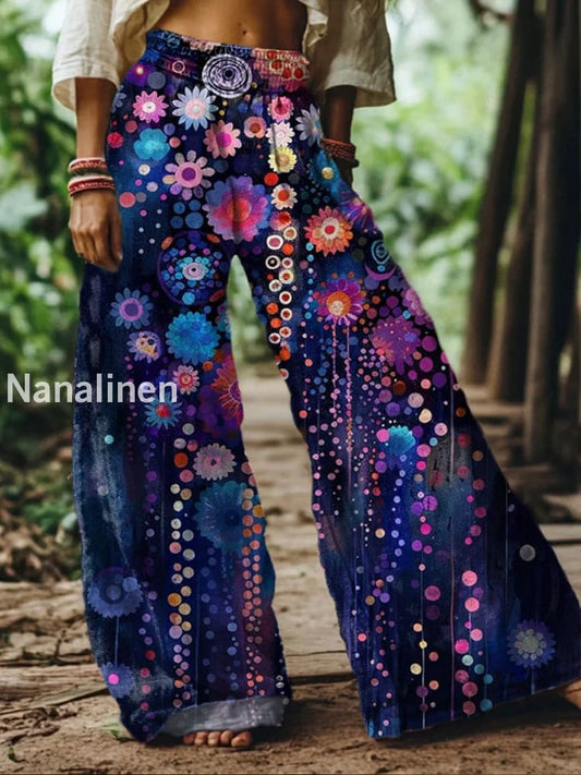 Retro Boho Floral Printed Casual Loose Cotton Straight Wide Pants A / S