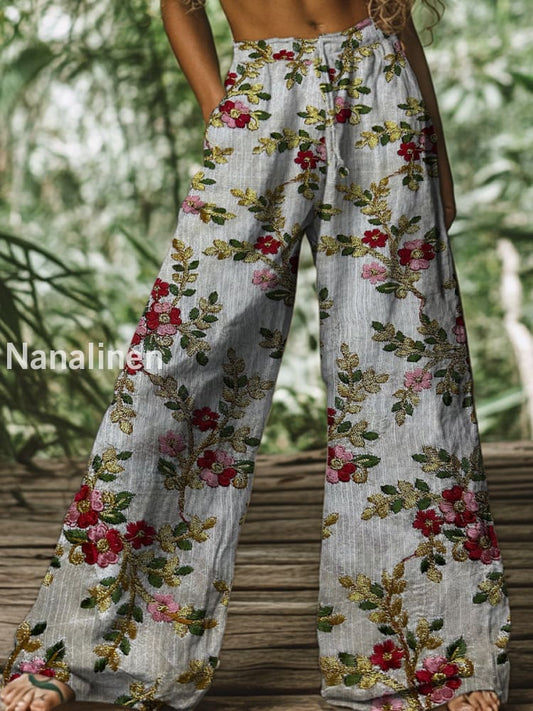 Retro Boho Floral Printed Casual Loose Cotton Straight Wide Pants A / S