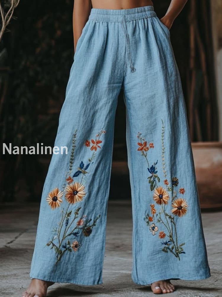 Retro Boho Floral Printed Casual Loose Cotton Straight Wide Pants A / S