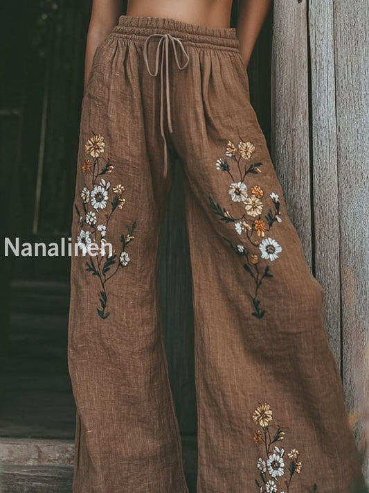 Retro Boho Floral Printed Casual Loose Cotton Straight Wide Pants A / S